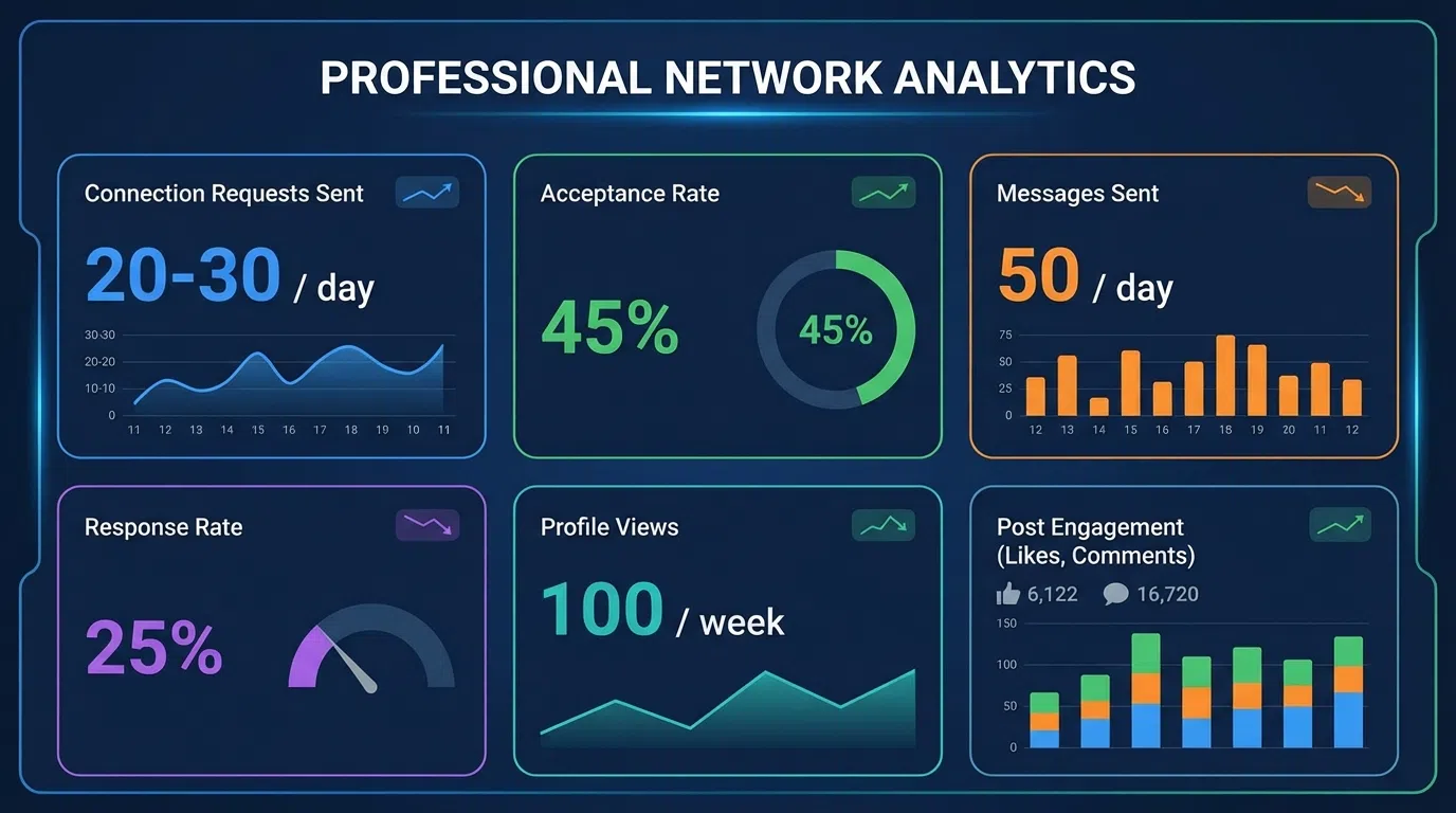 LinkedIn activity metrics dashboard showing daily connection requests, messages sent, profile views, and engagement activity