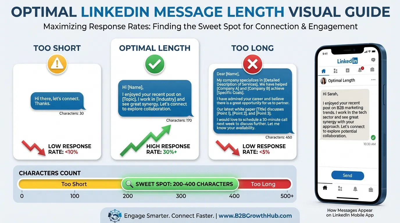 LinkedIn message length analytics dashboard showing optimal character counts and response rate correlations