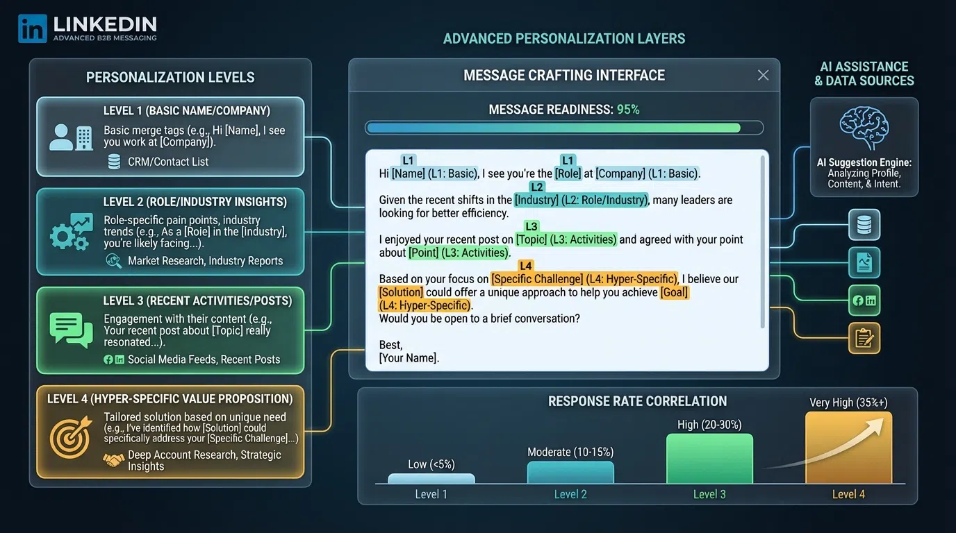 Advanced LinkedIn personalization dashboard showing AI-powered message customization and response analytics
