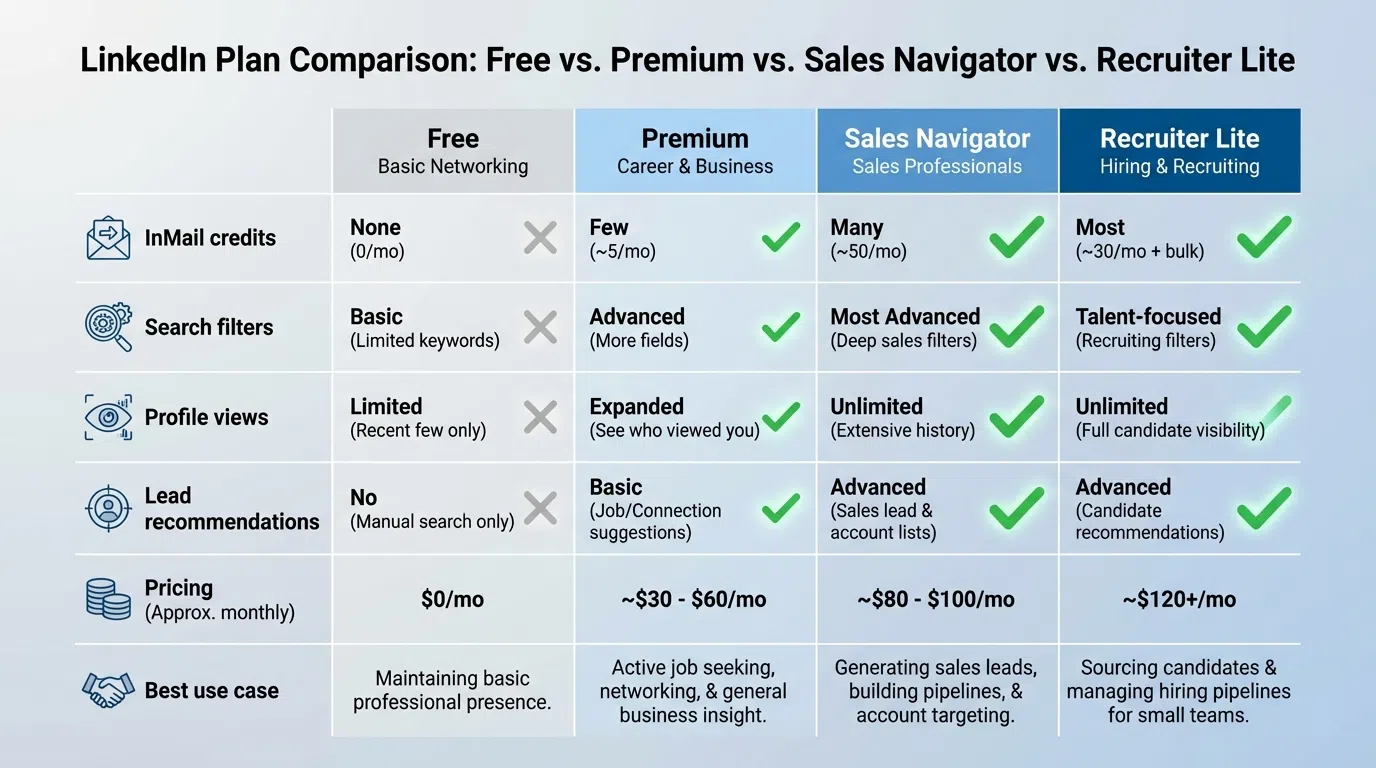 Feature comparison chart showing search filters, InMail credits, and AI capabilities across all LinkedIn plans