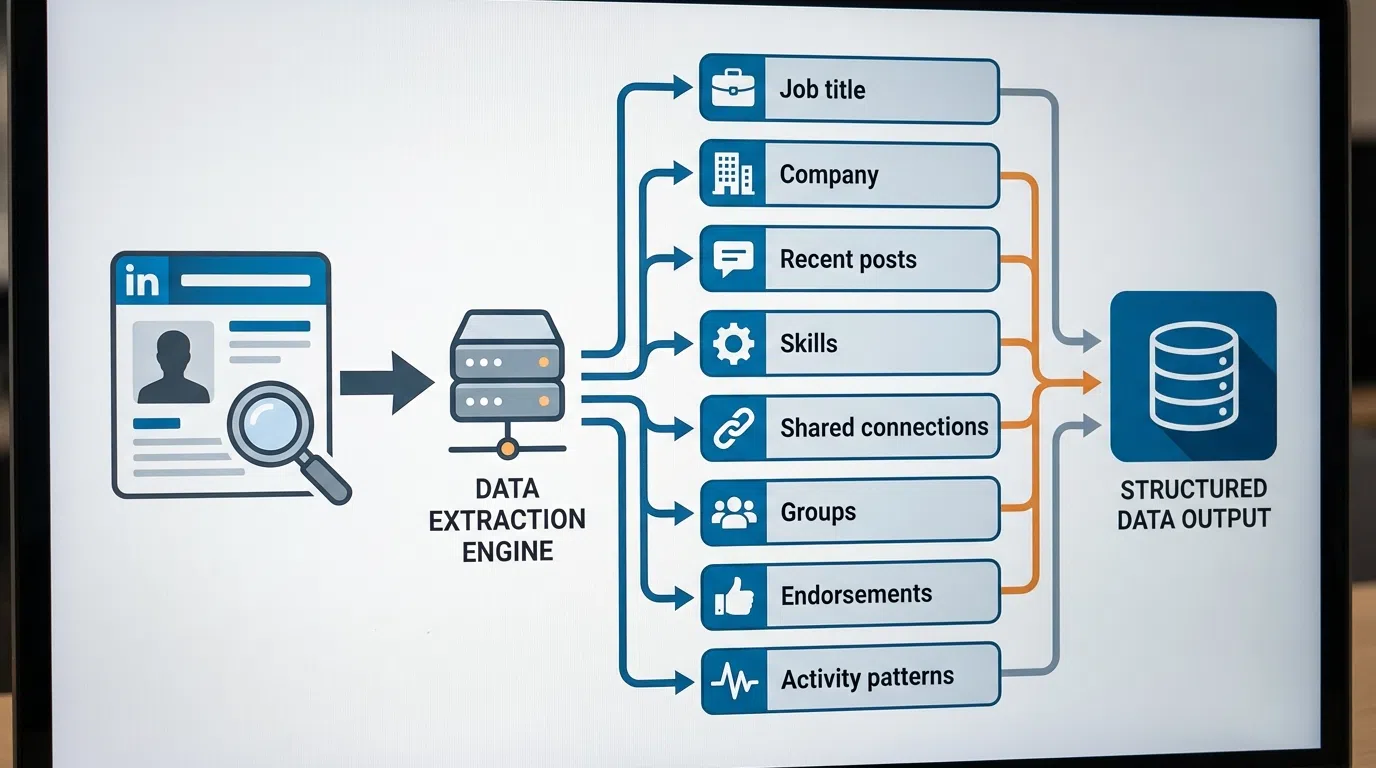 Screenshot showing LinkedIn profile analysis with key personalization data points highlighted