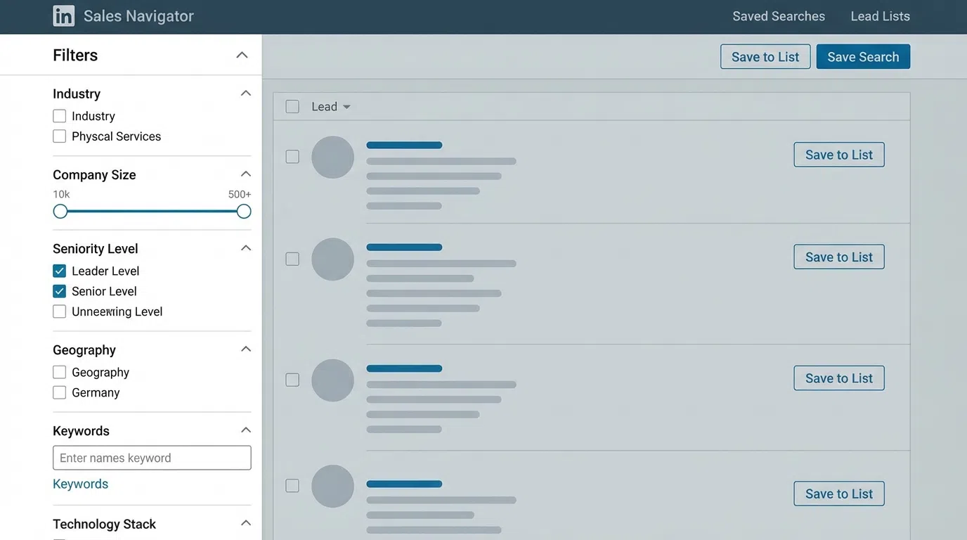 LinkedIn Sales Navigator search interface showing advanced filtering options for ICP targeting