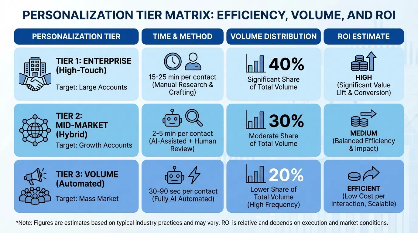 Comparison chart showing three levels of personalization with response rates: basic tokens 5-8%, dynamic content 15-25%, AI hyper-personalization 30-40%