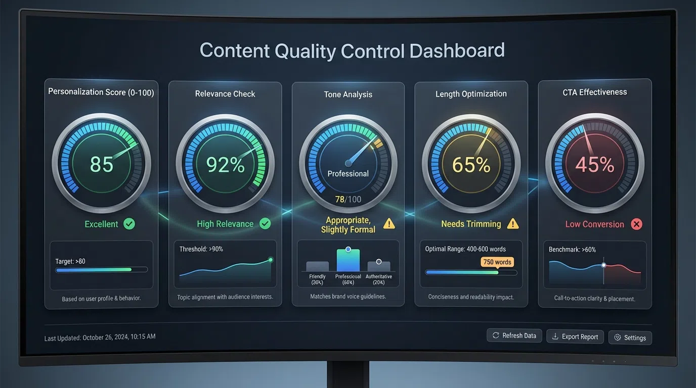 Quality control dashboard showing personalization quality scores and response rate correlations