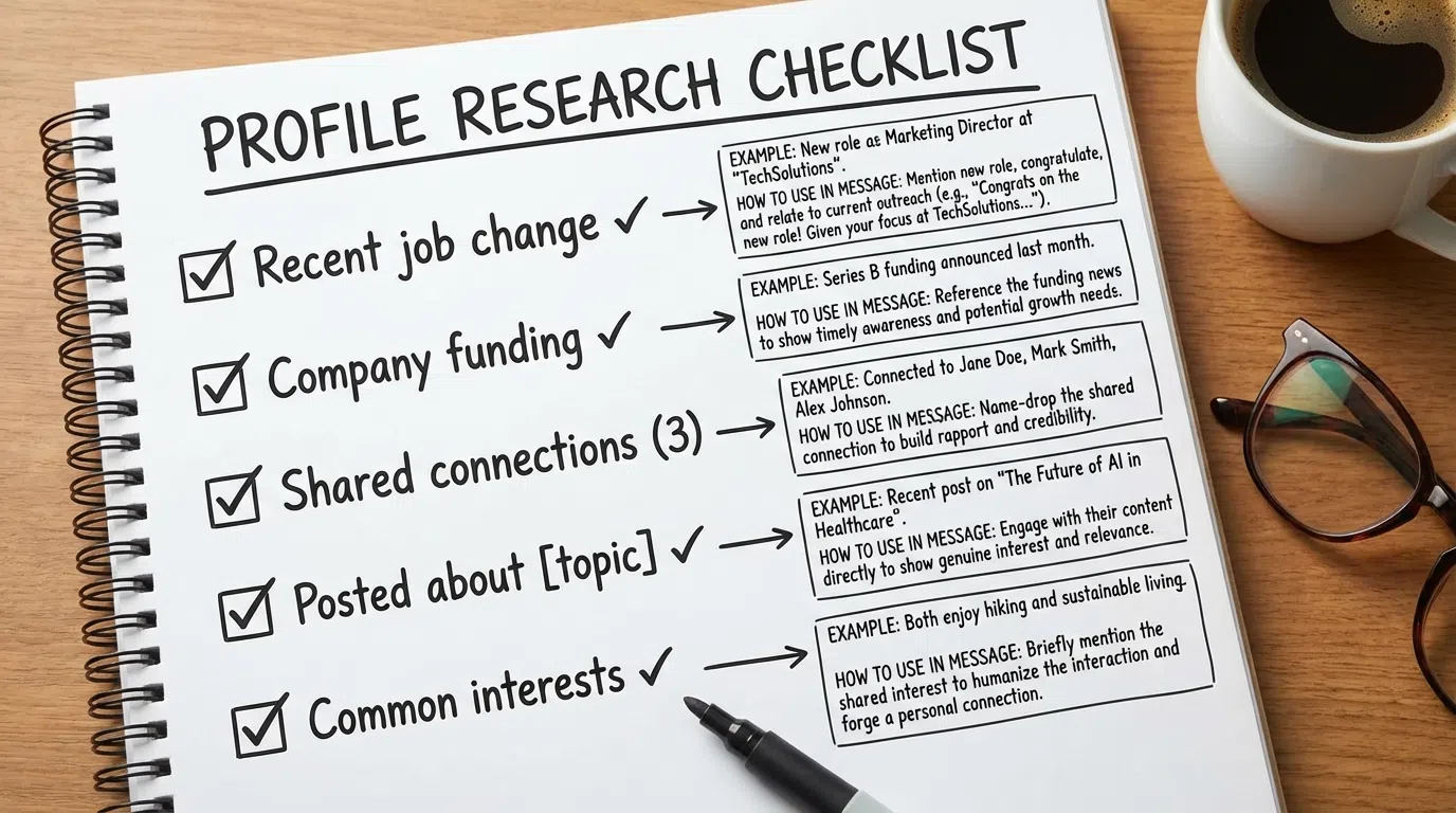LinkedIn profile screenshot with annotations highlighting key research areas: headline, recent posts, engagement, experience