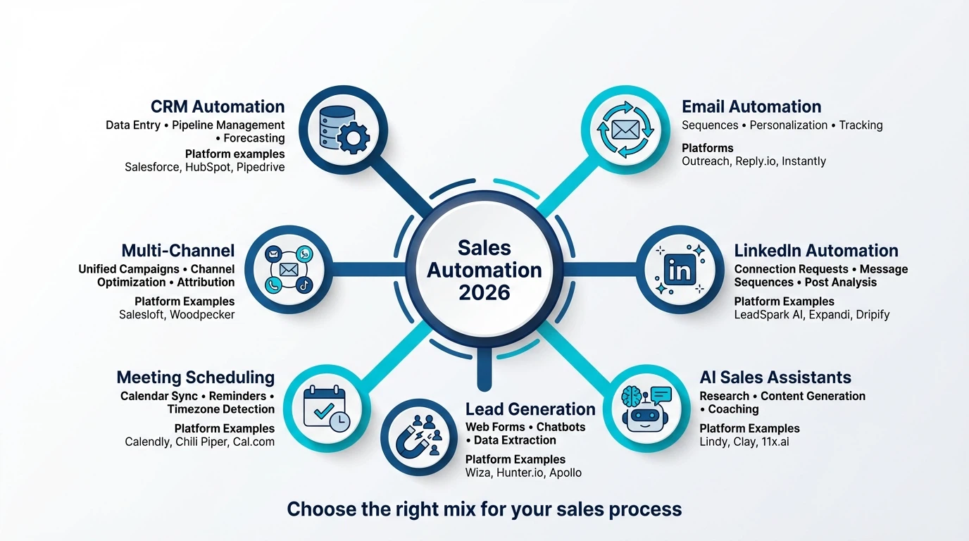7 types of sales automation in circular diagram: CRM, email, prospecting, lead scoring, meeting scheduling, social media, and reporting automation with key features and platforms