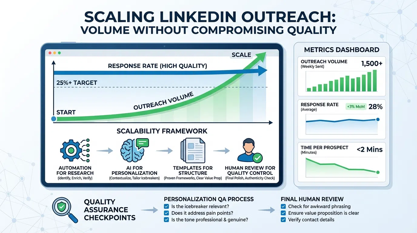 Dashboard showing LinkedIn outreach scaling from low volume high quality to high volume maintained quality with AI tools