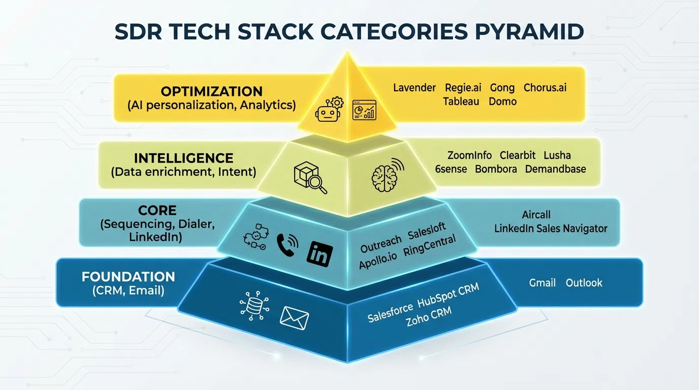 SDR tech stack categories diagram showing 7 core tool types and how they integrate to power the sales development process