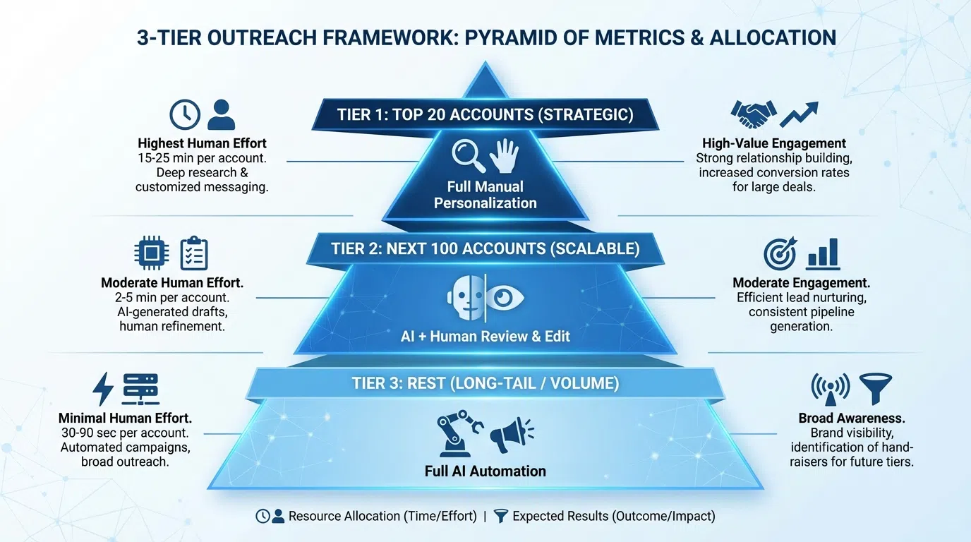 Pyramid diagram showing three-tier personalization framework with appropriate approach for each tier based on deal size and volume